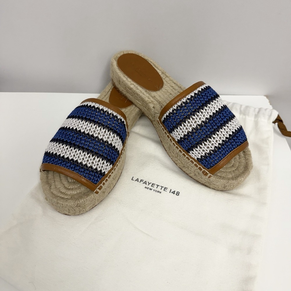 Lafayette 148 New York Espadrille Shoes NEW Tan Leather & Blue White Raffia 38 8
